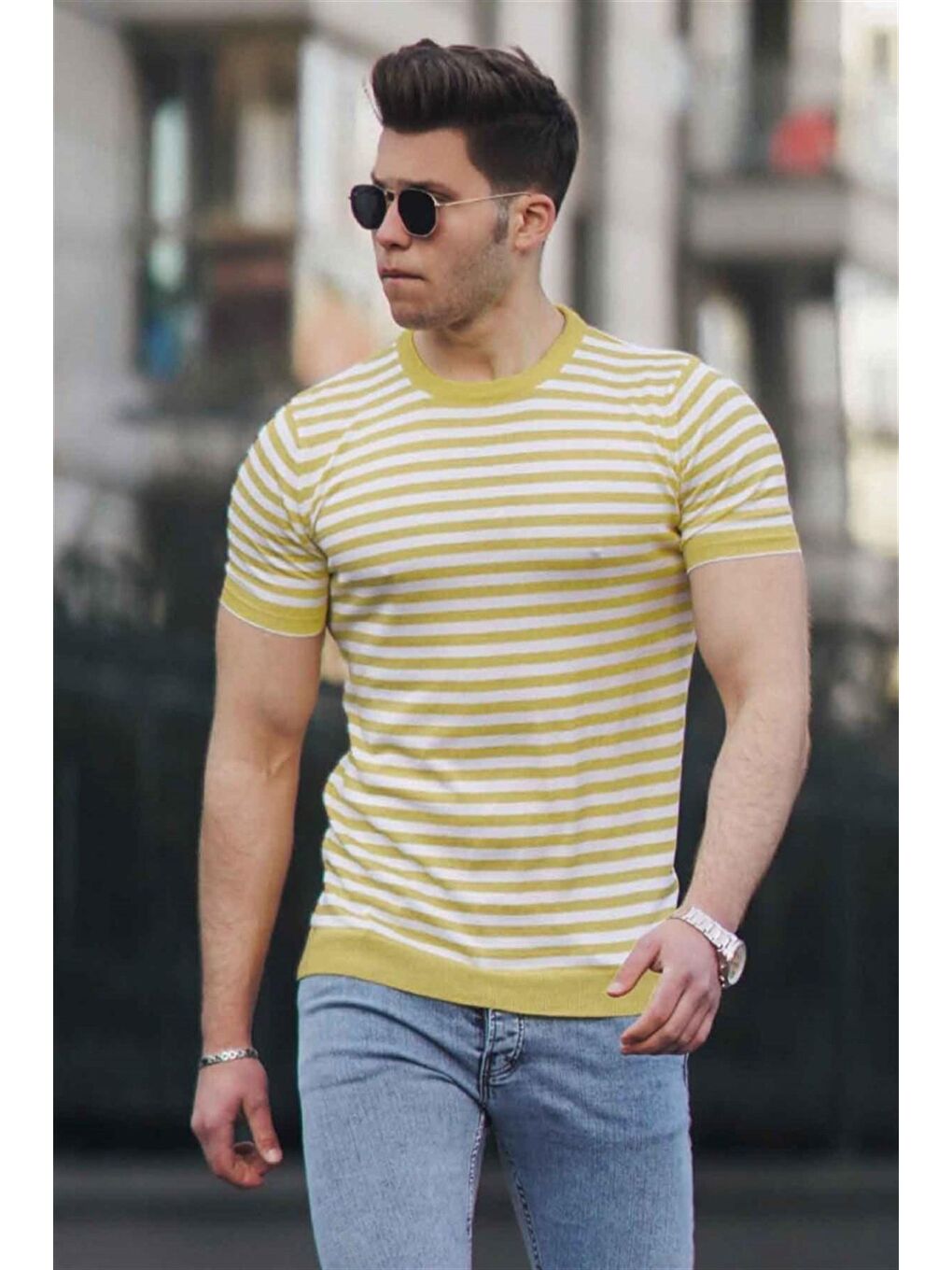 Bisiklet Yaka Sarı Erkek Triko Tişört 4602