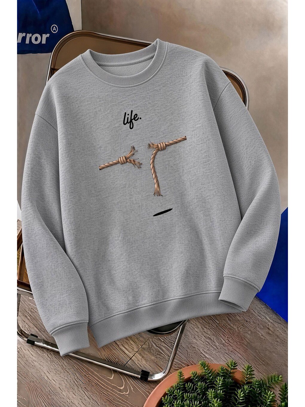 Gri Bs Life Design Minimalist İllüstrasyon Baskılı Unisex Sweatshirt-büyük Beden Seçenekli