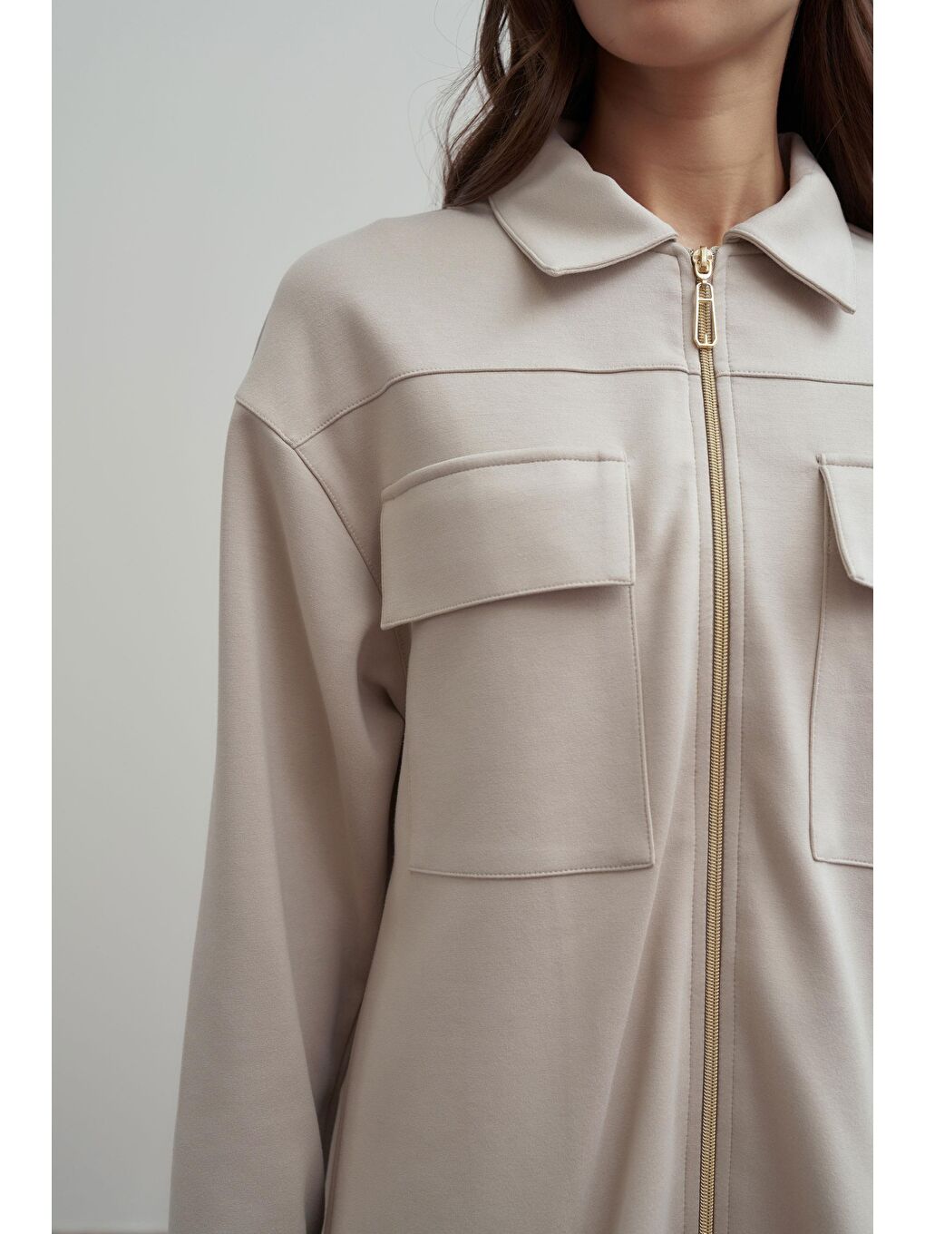 Bej Taş-Yumuşak Dokulu Fermuarlı Pantolonlu Takım-3