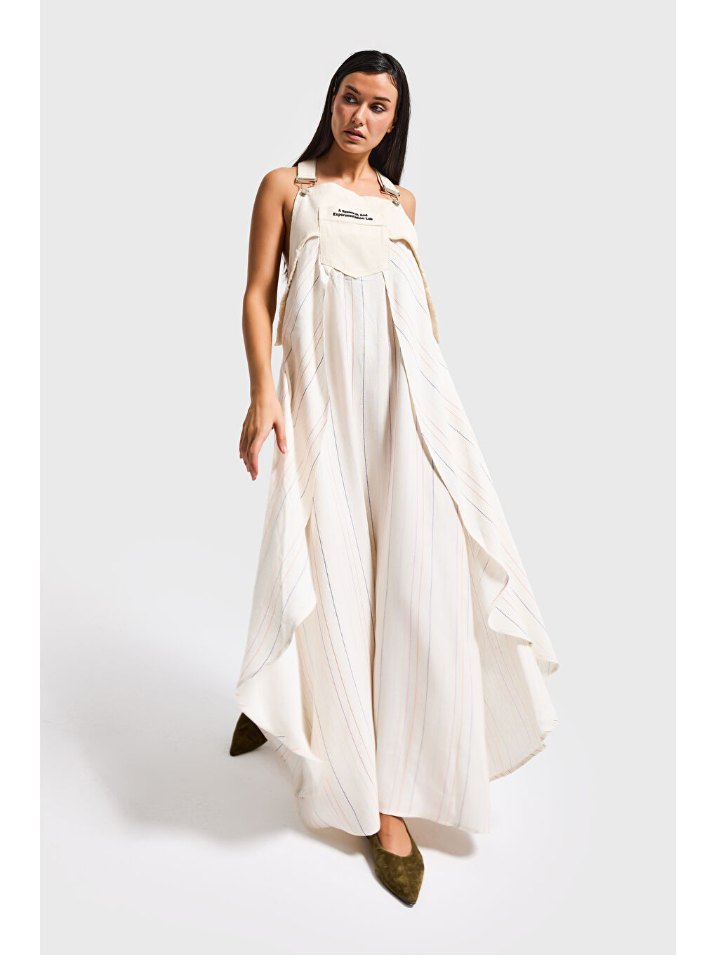 Kadın Çizgili Ekru Bol Kesim Askılı Özel Tasarım Elbise Tulum