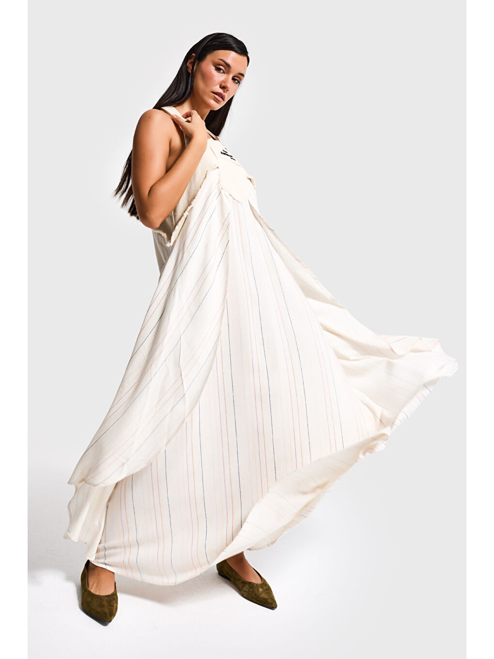 Kadın Çizgili Ekru Bol Kesim Askılı Özel Tasarım Elbise Tulum-1