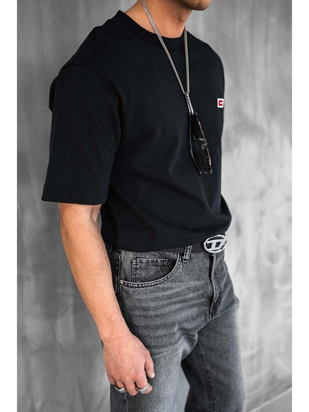 Erkek Oversize Nakışlı Tişört Siyah-1