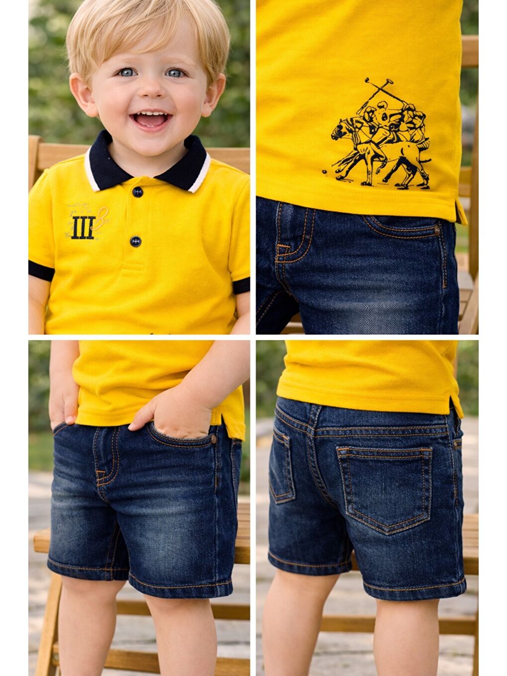 Sarı Tarz Lakos Asker Desenli Belden Ayarlanabilir Kısa Kollu Şortlu 2'li Takım Çocuk ve Bebek Giyim-3