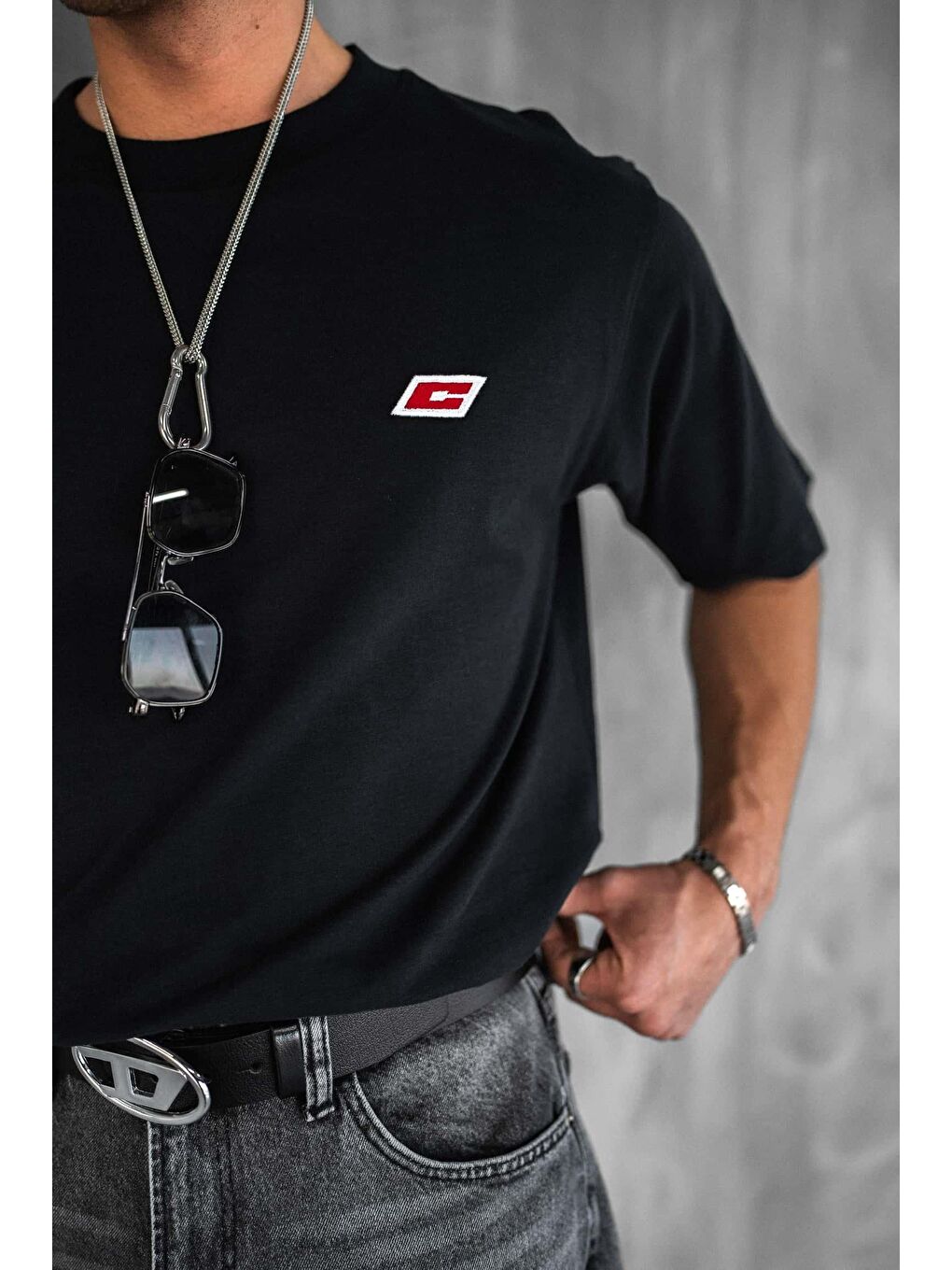 Erkek Oversize Nakışlı Tişört Siyah-2