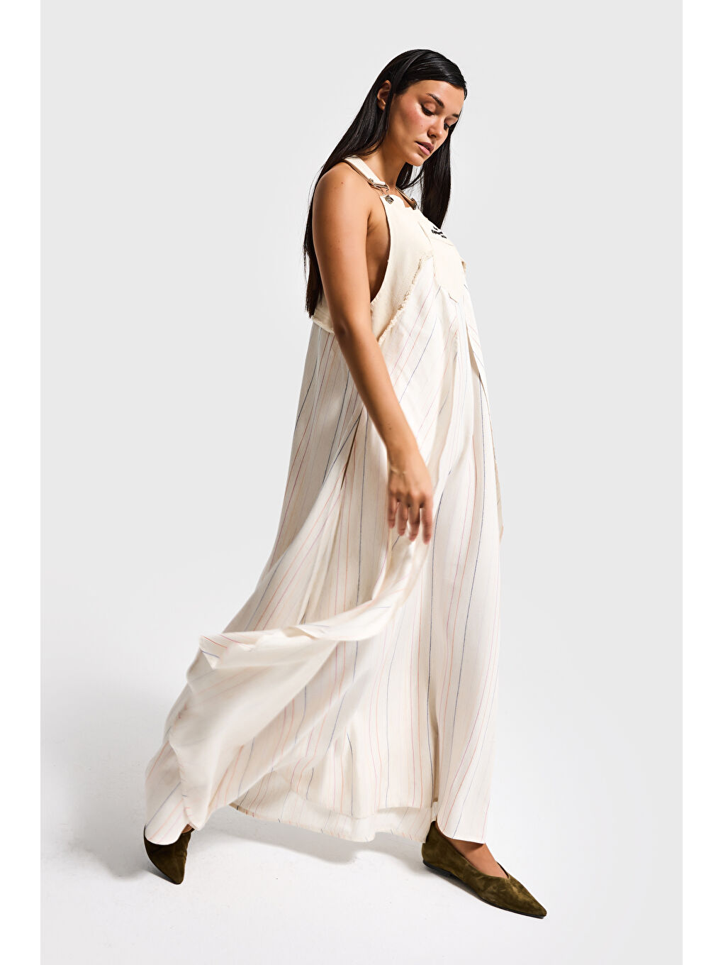 Kadın Çizgili Ekru Bol Kesim Askılı Özel Tasarım Elbise Tulum-2