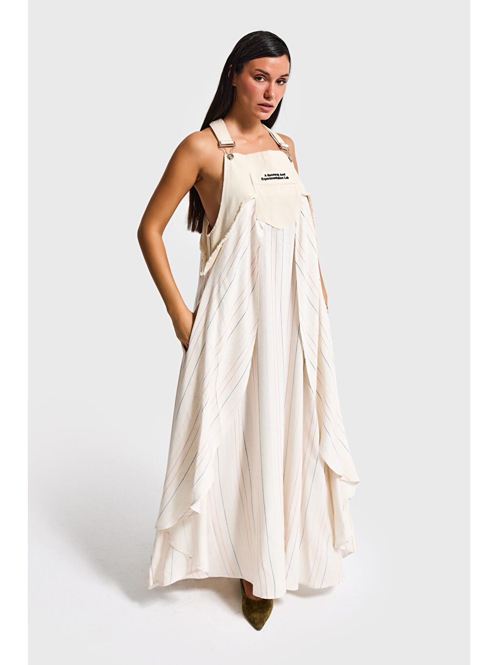 Kadın Çizgili Ekru Bol Kesim Askılı Özel Tasarım Elbise Tulum-3