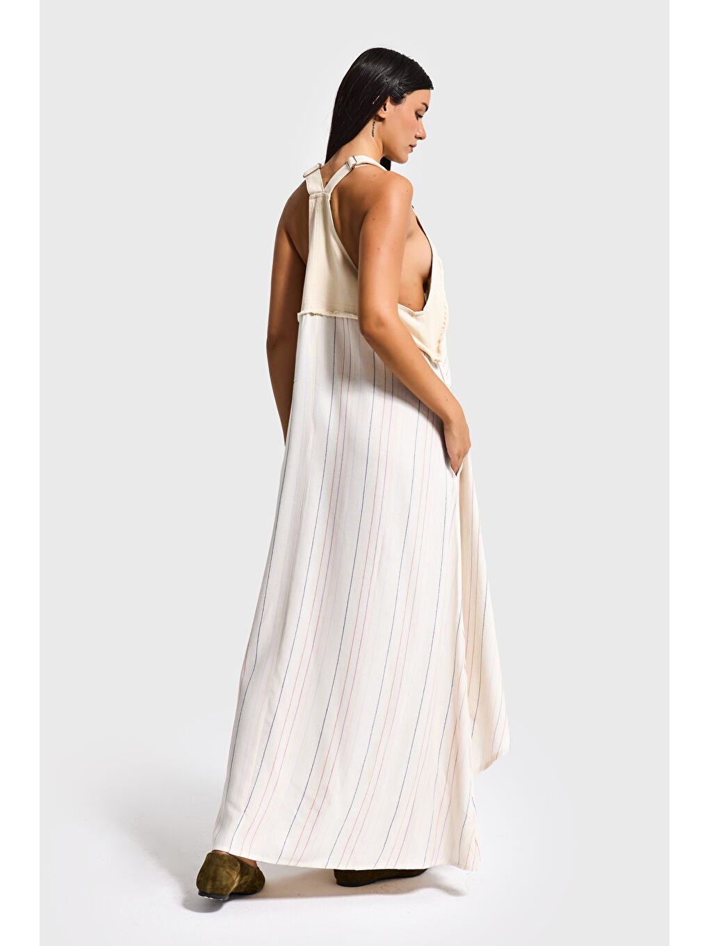 Kadın Çizgili Ekru Bol Kesim Askılı Özel Tasarım Elbise Tulum-4