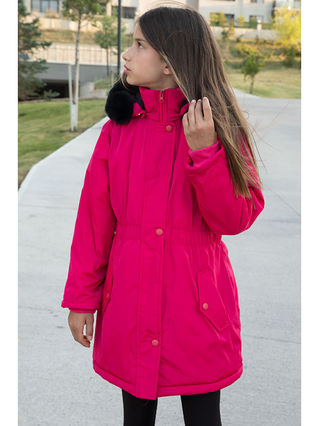Pembe Çıtçıtlı Cepli Esnek Bel İçi Kürklü Kız Çocuk Kapüşonlu Mont 21307-4