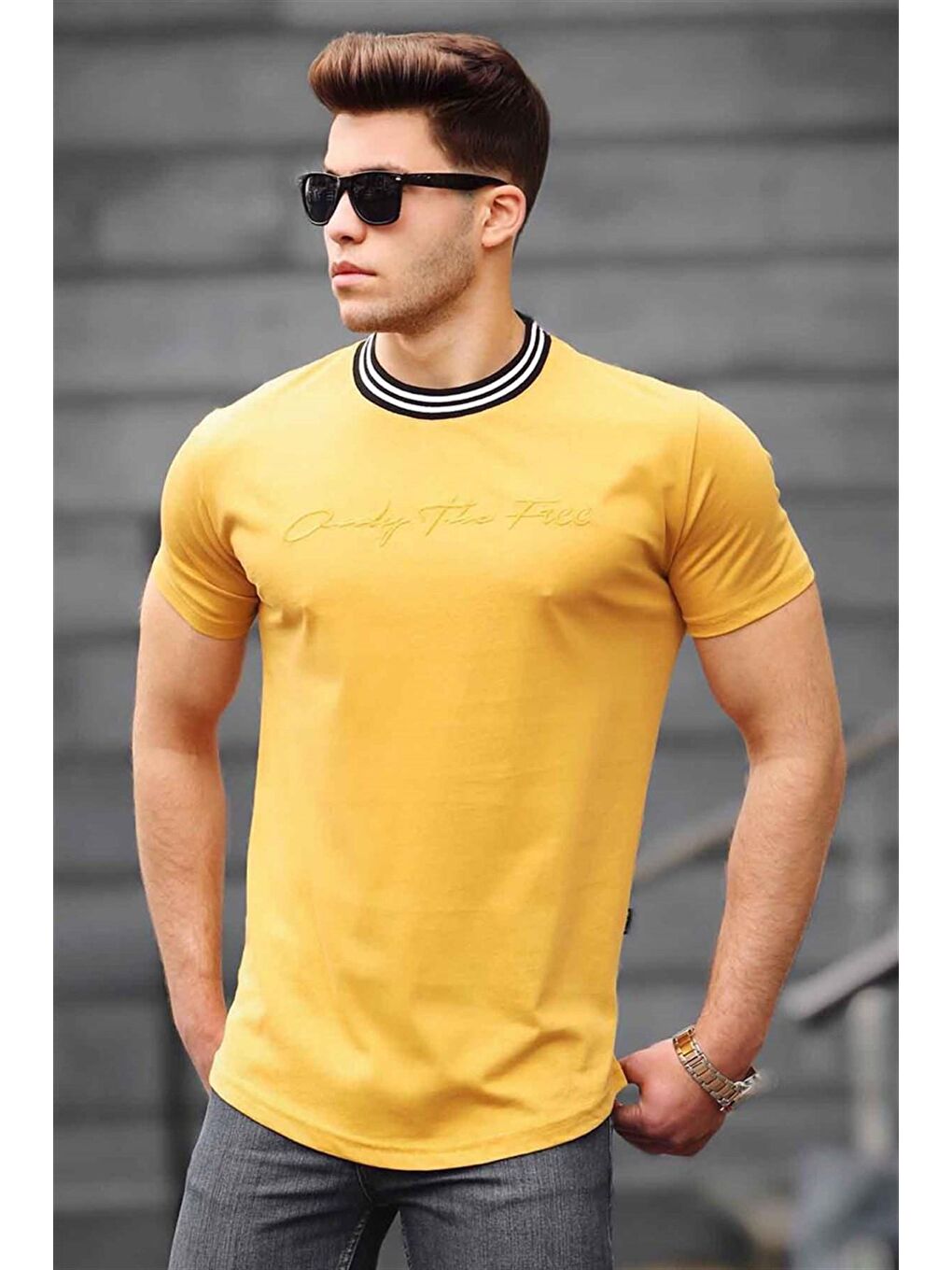 Sarı Nakış Baskılı Erkek Tişört 4486