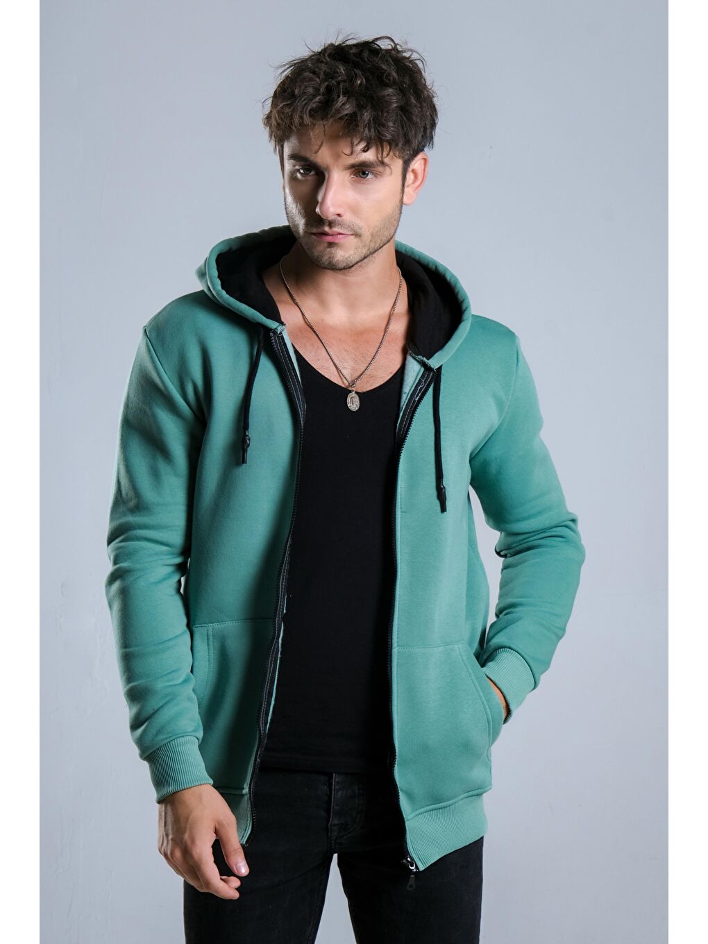 Turkuaz Kapüşonlu Şardonlu 3 İp Düz  JS C-51