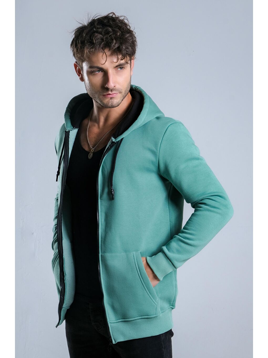 Turkuaz Kapüşonlu Şardonlu 3 İp Düz  JS C-51-1