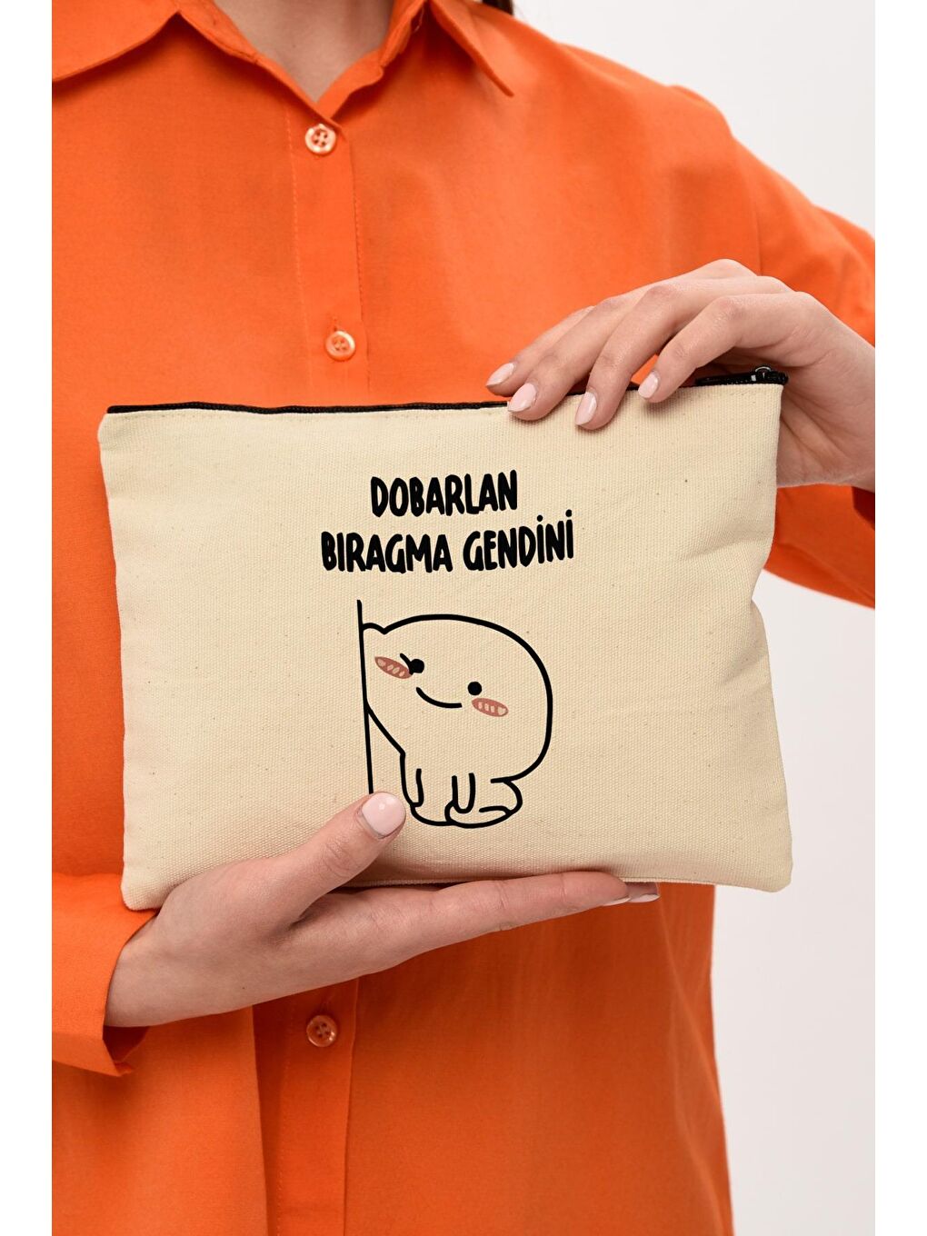 Bagg Krem Clutch Dobarlan Baskılı Kanvas Makyaj Çantası