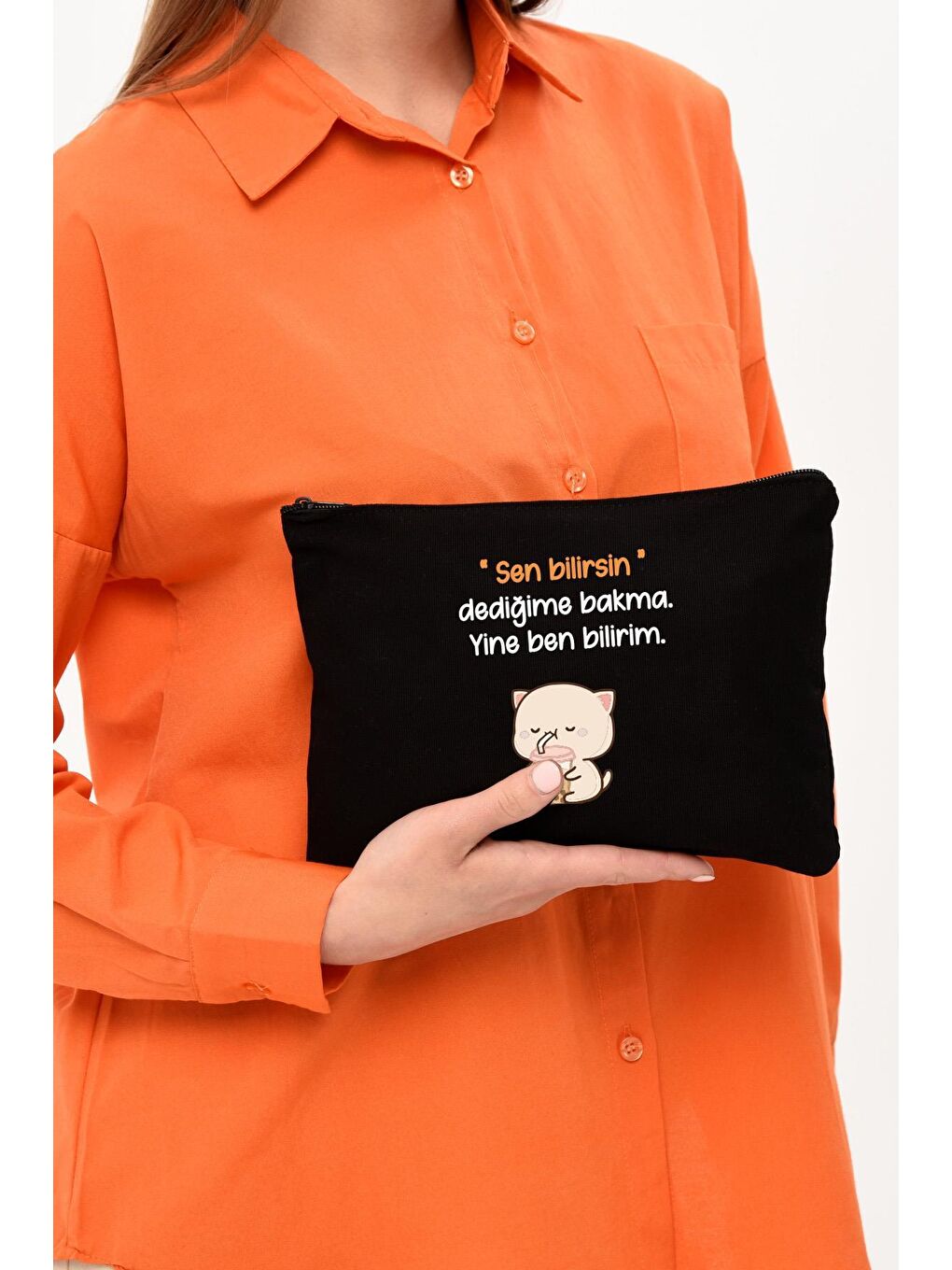 Clutch Ben Bilirim Baskılı SİYAH Kanvas Makyaj Çantası-4