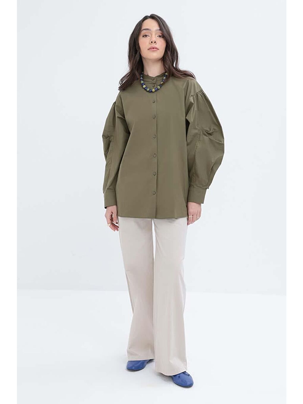 Haki-İnce Kuşaklı Pileli Poplin Gömlek-1