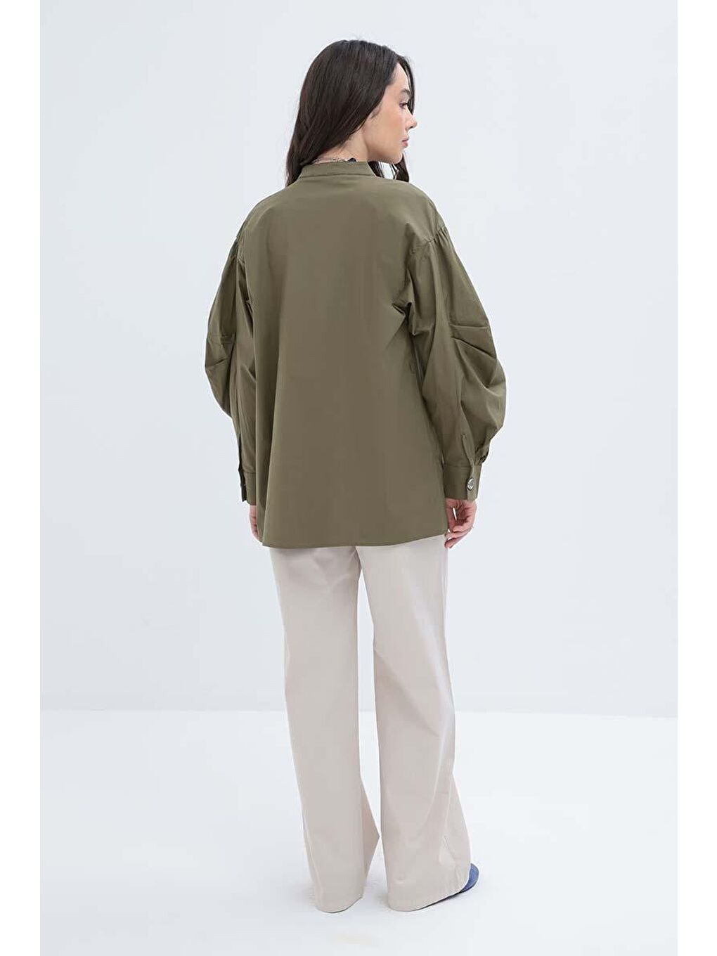 Haki-İnce Kuşaklı Pileli Poplin Gömlek-2