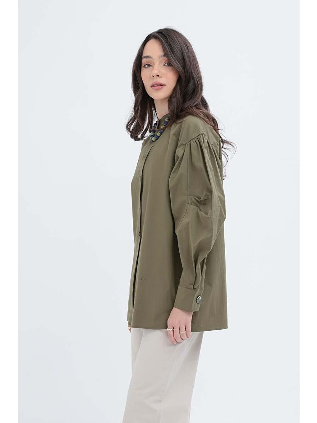 Haki-İnce Kuşaklı Pileli Poplin Gömlek-3