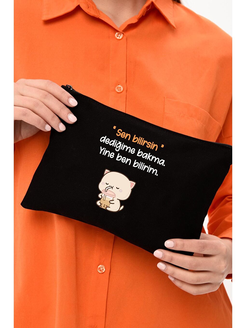 Clutch Ben Bilirim Baskılı SİYAH Kanvas Makyaj Çantası-5