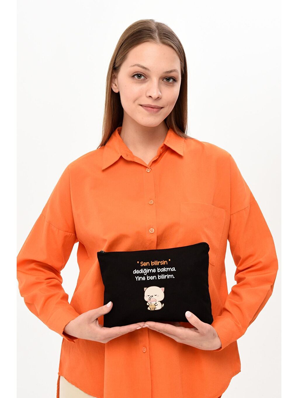 Clutch Ben Bilirim Baskılı SİYAH Kanvas Makyaj Çantası-6