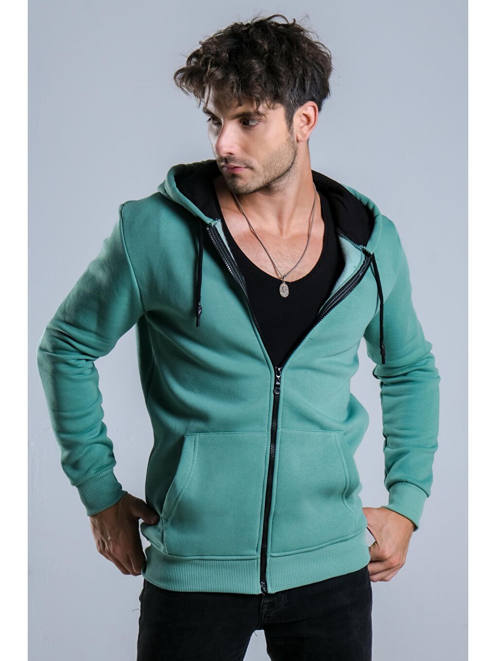 Turkuaz Kapüşonlu Şardonlu 3 İp Düz  JS C-51-2