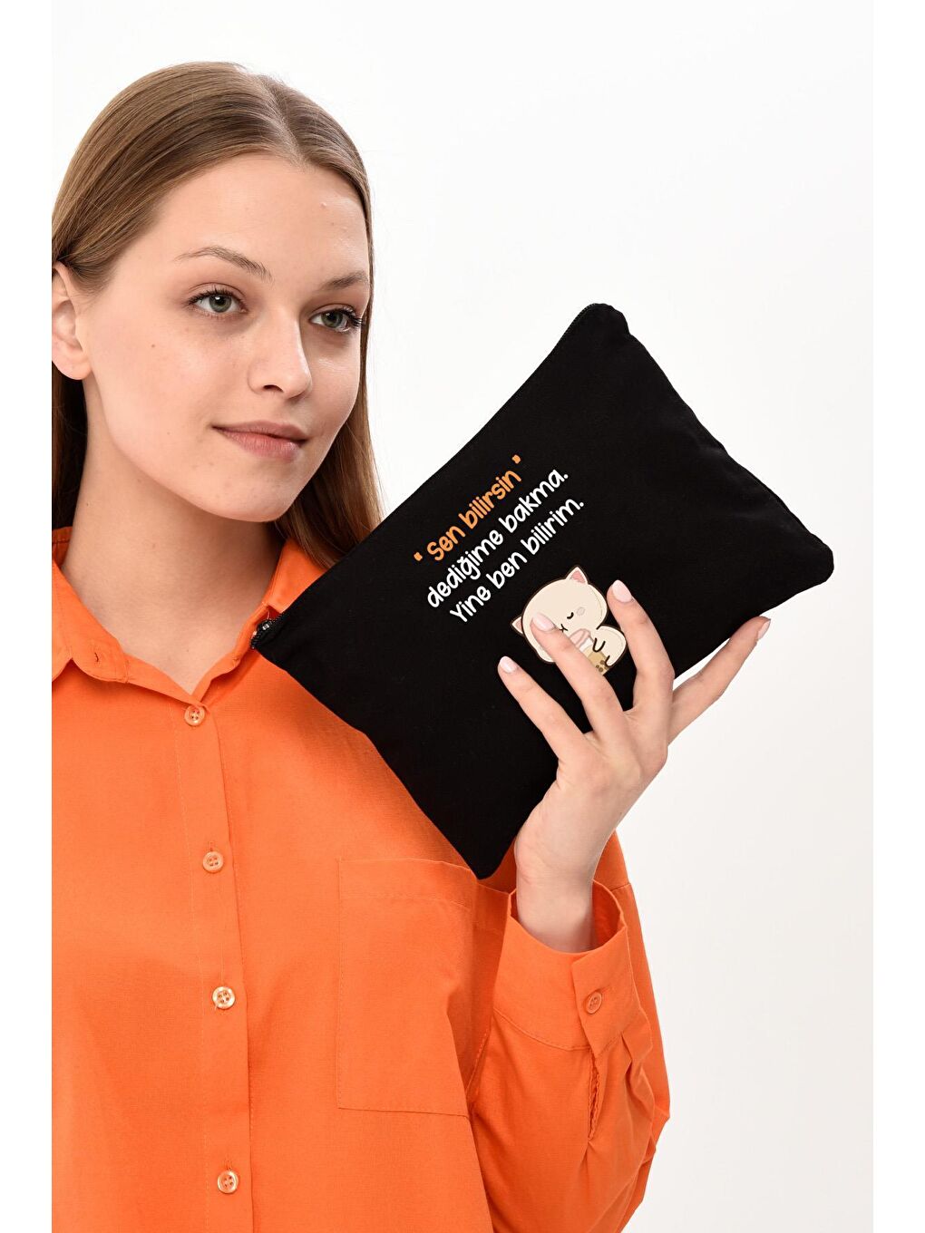 Clutch Ben Bilirim Baskılı SİYAH Kanvas Makyaj Çantası-7