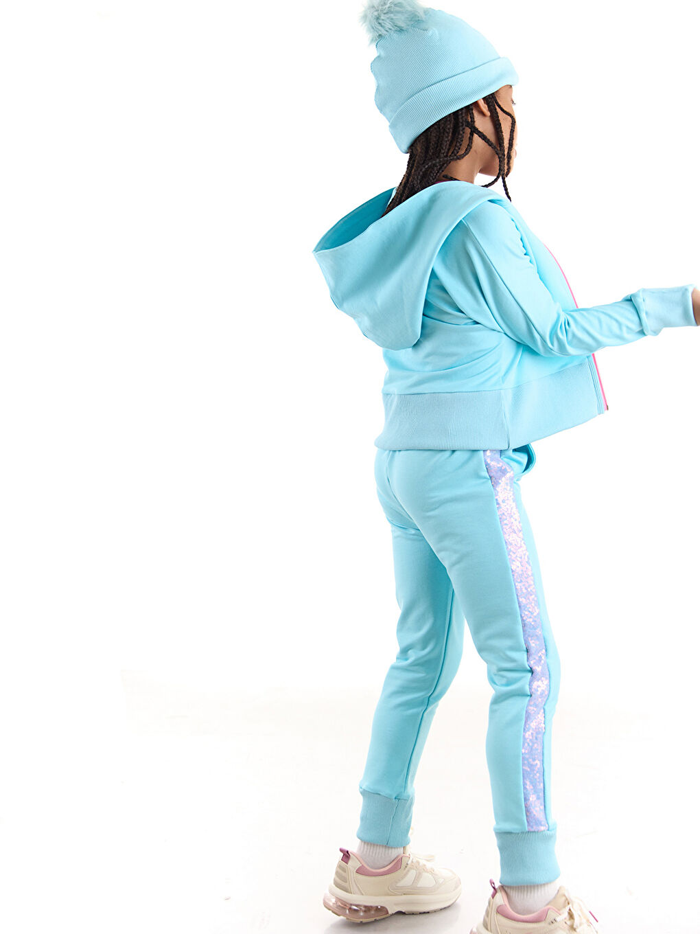 Turkuaz Spangly Payet Şeritli Kız Çocuk  Eşofman Altı-2