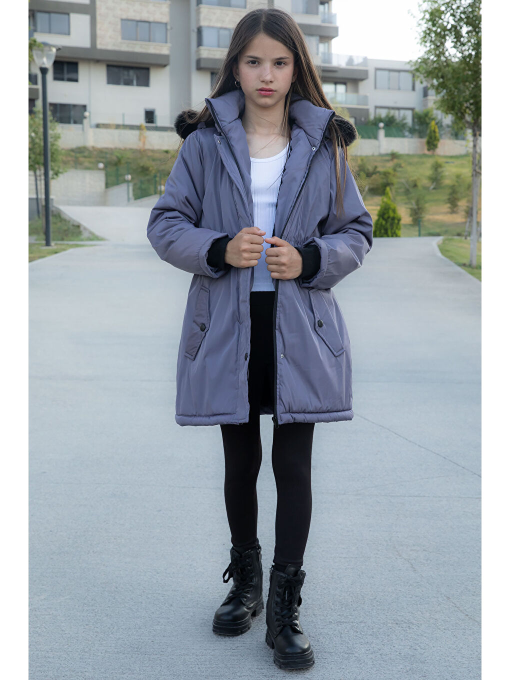 Antrasit Çıtçıtlı Cepli Esnek Bel İçi Kürklü Kız Çocuk Kapüşonlu Mont 21308