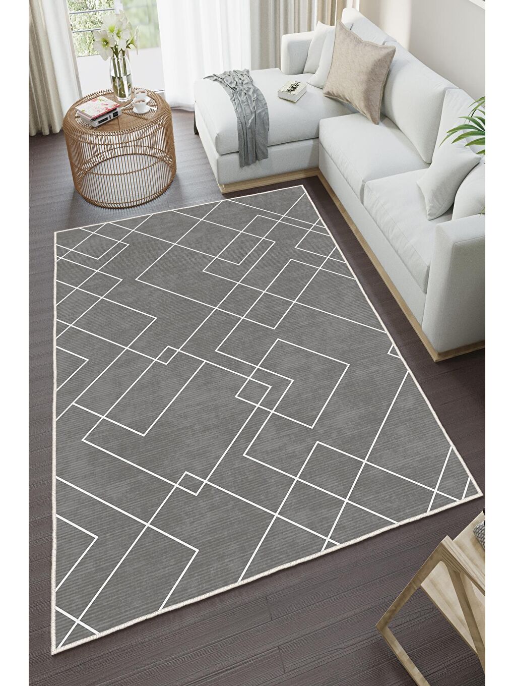 Gri Özel Tasarım, Kaymaz Taban, İnce, Yıkanabilir, Modern Halı WOOKECE1451 160x230-2
