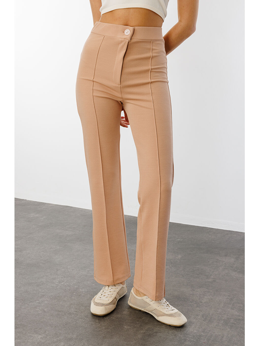 Bej Kadın Yüksek Bel Toparlayıcı Ispanyol Paça Palazzo Pantolon PANTOLON-003