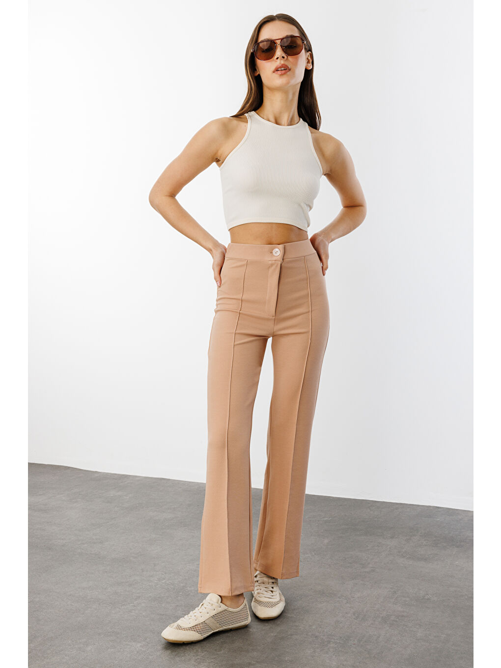 Bej Kadın Yüksek Bel Toparlayıcı Ispanyol Paça Palazzo Pantolon PANTOLON-003-1