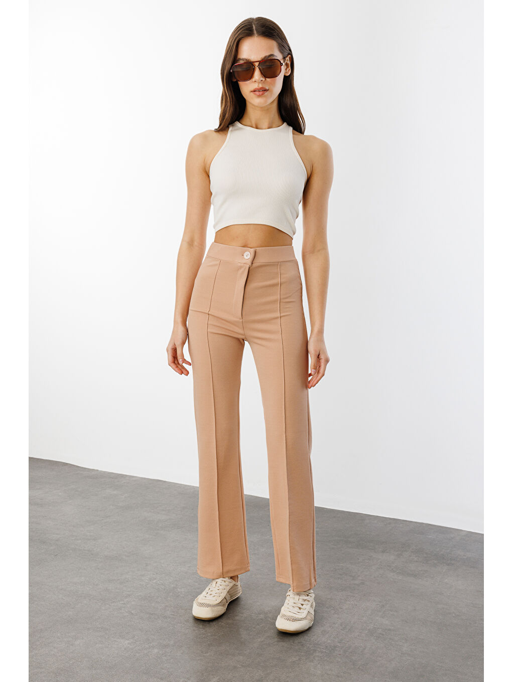 Bej Kadın Yüksek Bel Toparlayıcı Ispanyol Paça Palazzo Pantolon PANTOLON-003-2