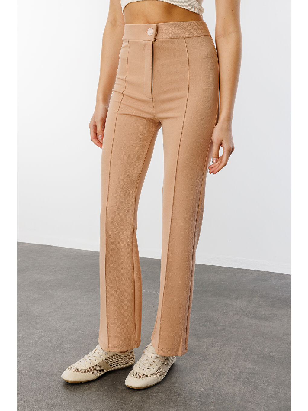 Bej Kadın Yüksek Bel Toparlayıcı Ispanyol Paça Palazzo Pantolon PANTOLON-003-3