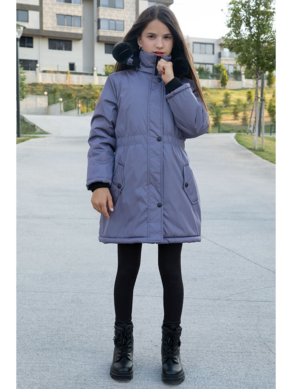 Antrasit Çıtçıtlı Cepli Esnek Bel İçi Kürklü Kız Çocuk Kapüşonlu Mont 21308-2