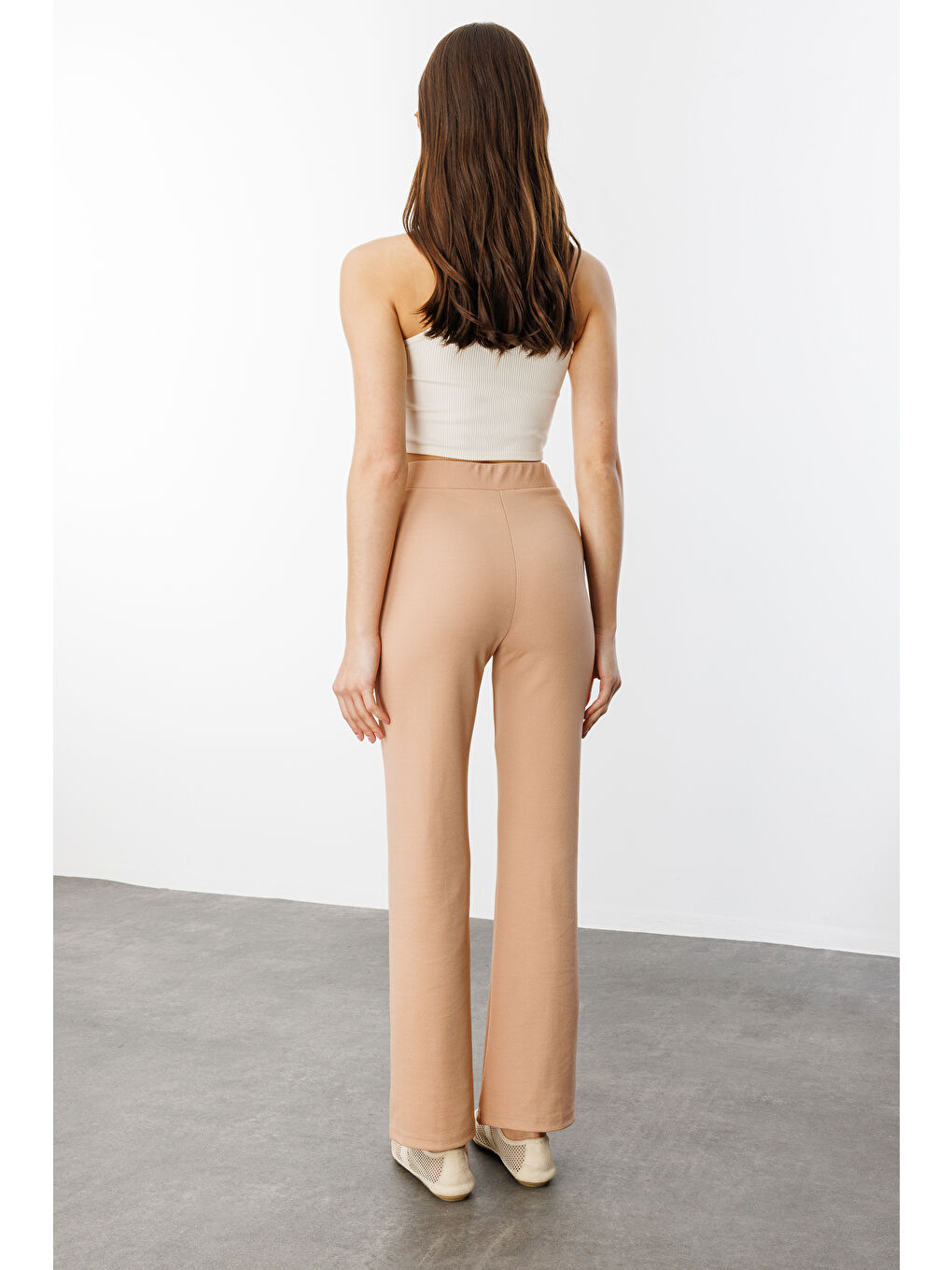 Bej Kadın Yüksek Bel Toparlayıcı Ispanyol Paça Palazzo Pantolon PANTOLON-003-4