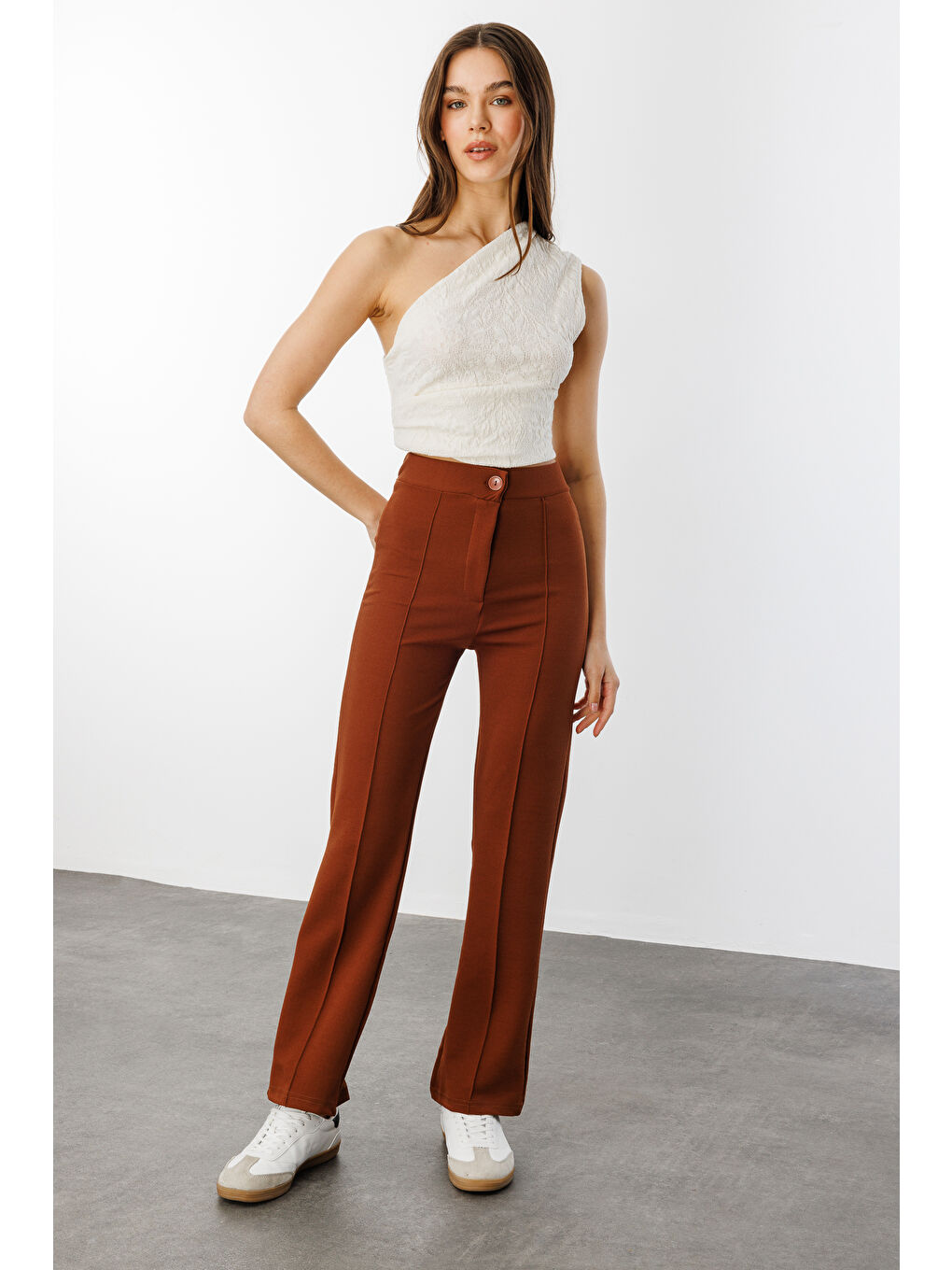 Kahverengi Kadın Yüksek Bel Toparlayıcı Ispanyol Paça Palazzo Pantolon PANTOLON-003-1