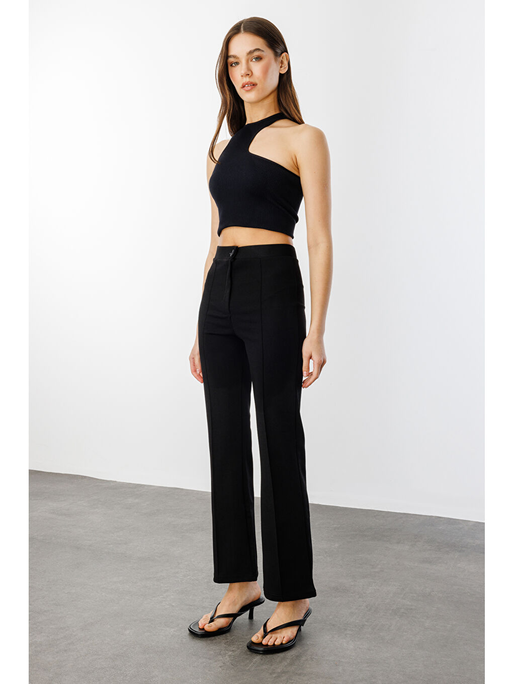 Siyah Kadın Yüksek Bel Toparlayıcı Ispanyol Paça Palazzo Pantolon PANTOLON-003-3