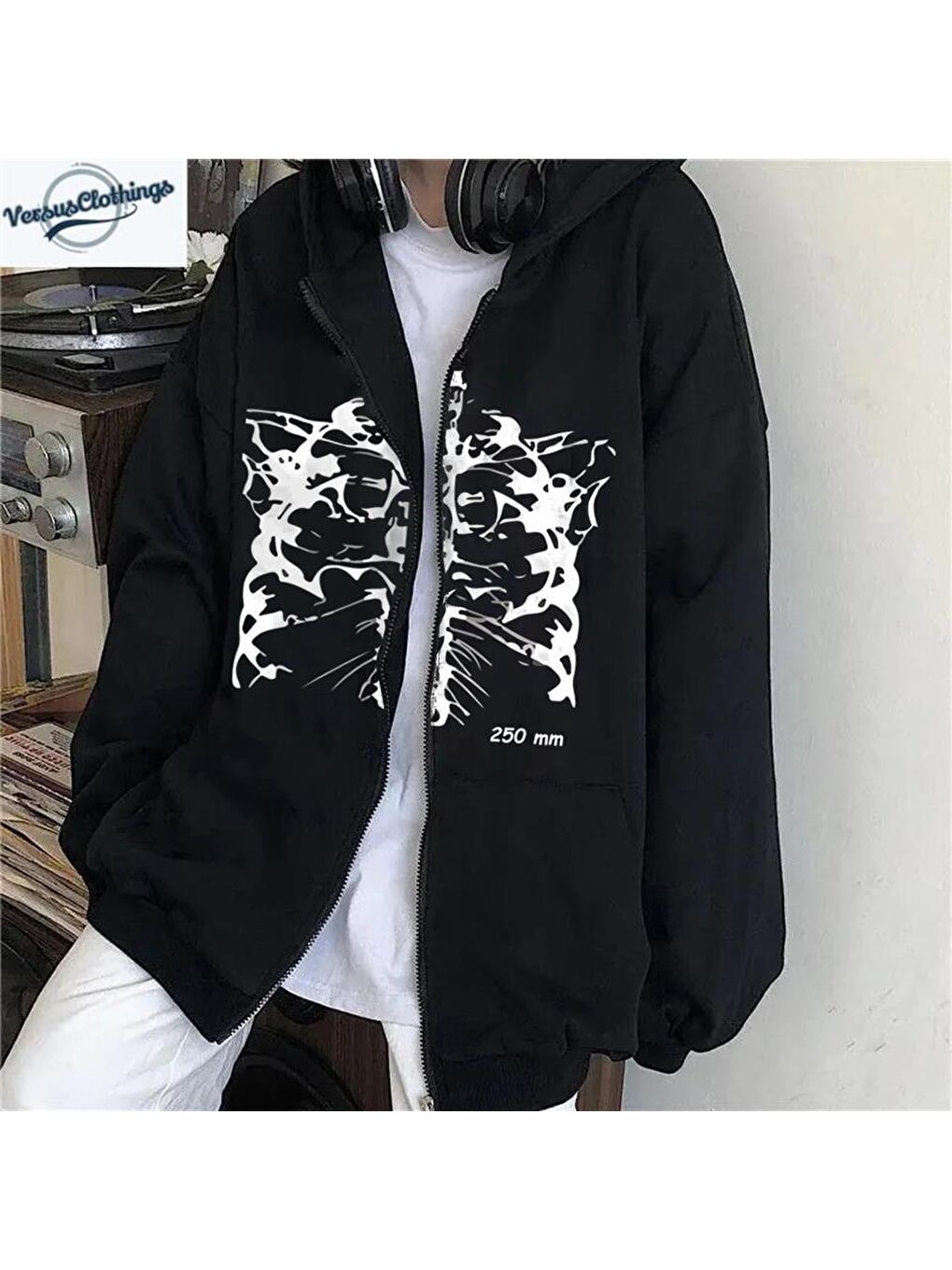 Touz Moda Siyah Aesthetic Skeleton Baskılı Oversize Fermuarlı Sweatshırt