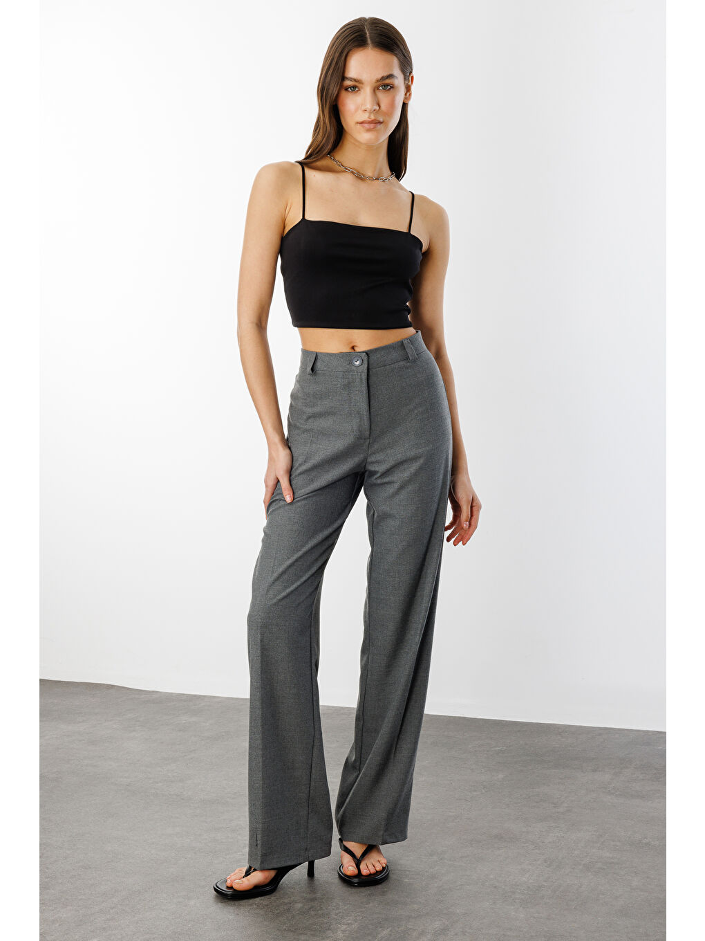 Antrasit Kadın Yüksek Bel Wide Leg Kumaş Pantolon PANTOLON-004