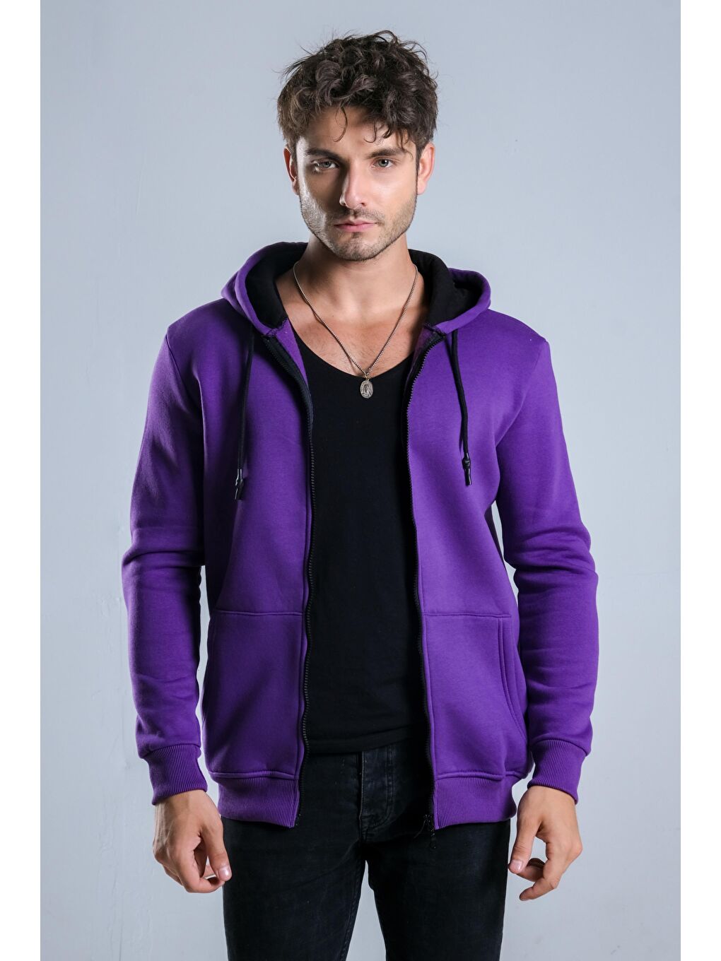 Mor Kapüşonlu Şardonlu Erkek Fermuarlı Sweatshirt Hırka 3 İp Düz  JS C-51