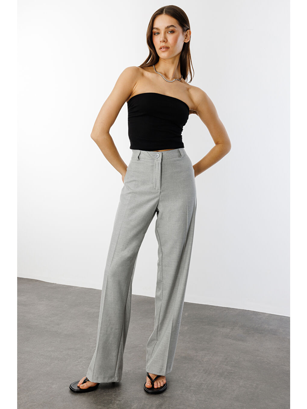 Gri Kadın Yüksek Bel Wide Leg Kumaş Pantolon PANTOLON-004