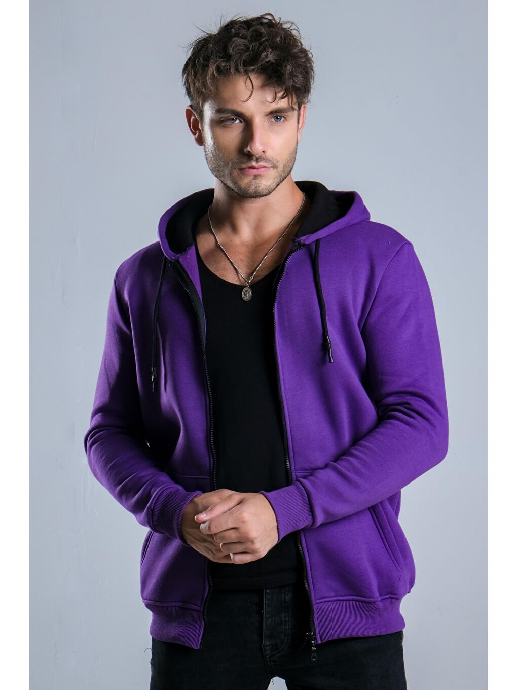Mor Kapüşonlu Şardonlu Erkek Fermuarlı Sweatshirt Hırka 3 İp Düz  JS C-51-1