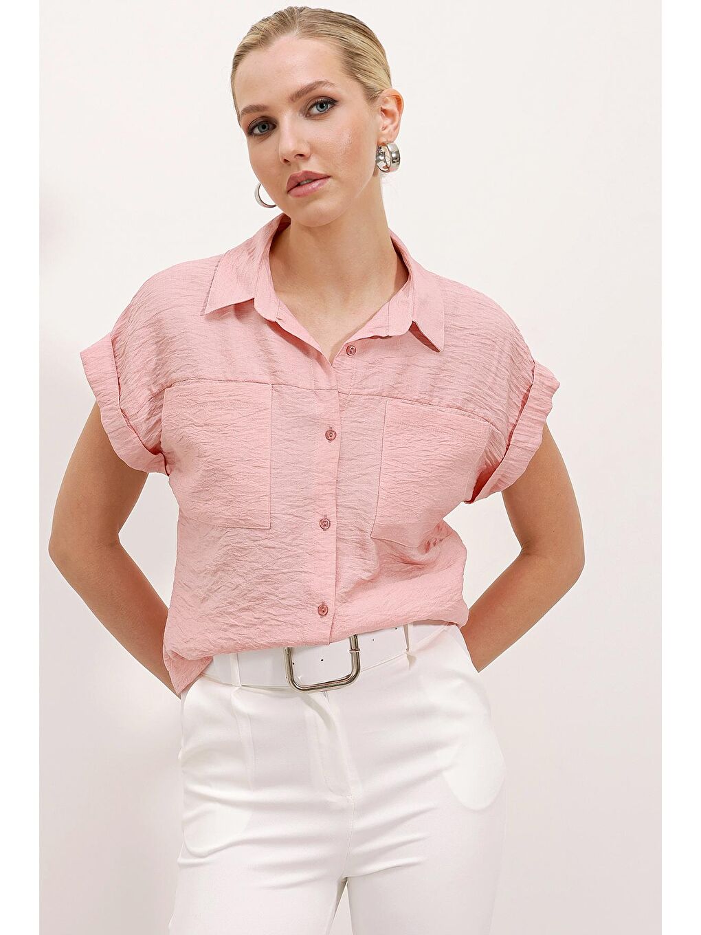 Pembe 20198 Çift Cepli Kısa Kol Gömlek - Pudra