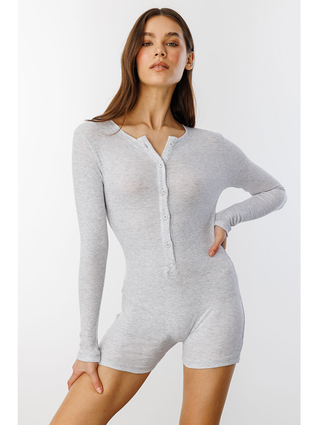 Genius Store Gri Fitilli Uzun Kollu Kısa Tulum Romper UZUNKOL-TULUM