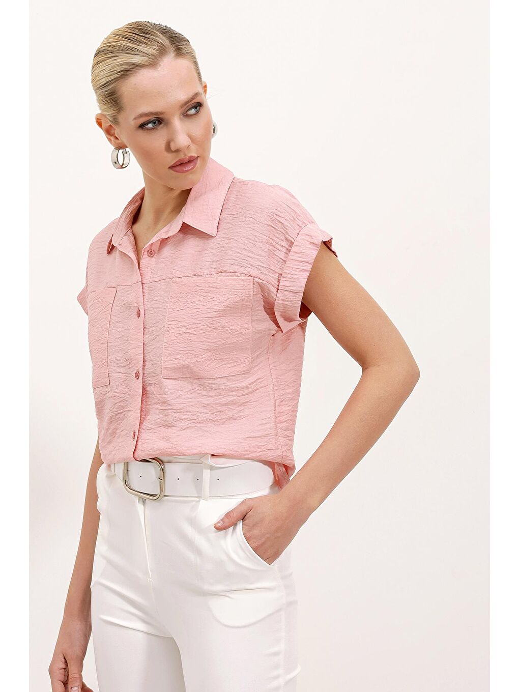 Pembe 20198 Çift Cepli Kısa Kol Gömlek - Pudra-1