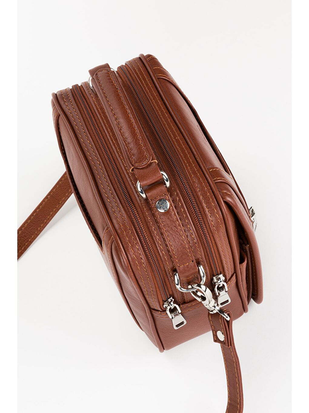 Kahverengi %100 Hakiki Deri Erkek Yatay Tam Kapak El ve Çapraz Omuz Çantası-3