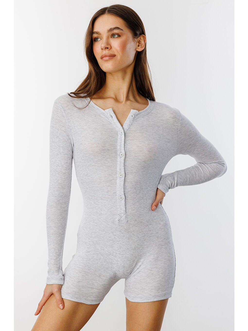 Genius Store Gri Fitilli Uzun Kollu Kısa Tulum Romper UZUNKOL-TULUM - 3