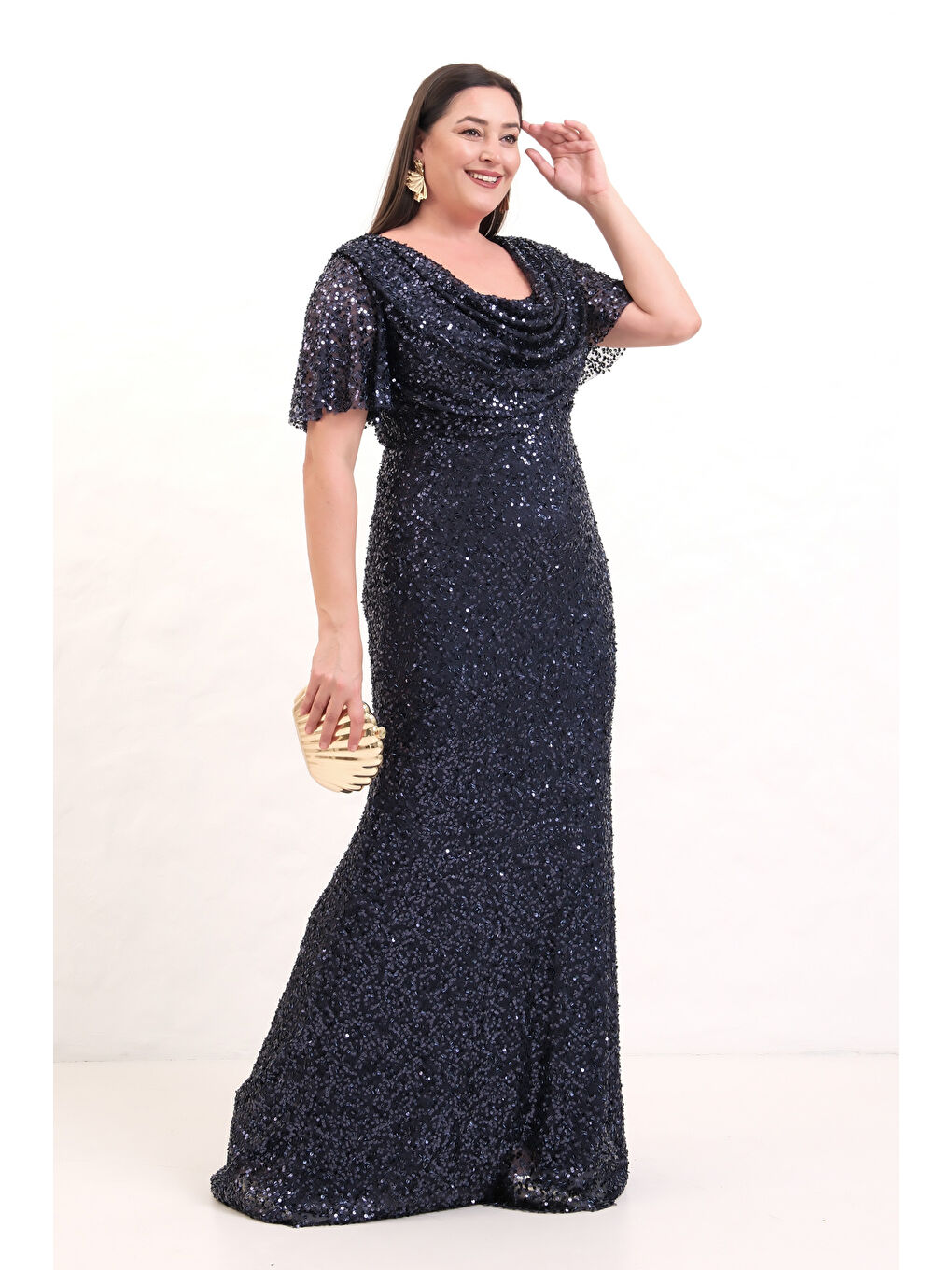 Kadın Lacivert Degaje Yaka Pul Payet Büyük Beden Uzun Abiye Elbise