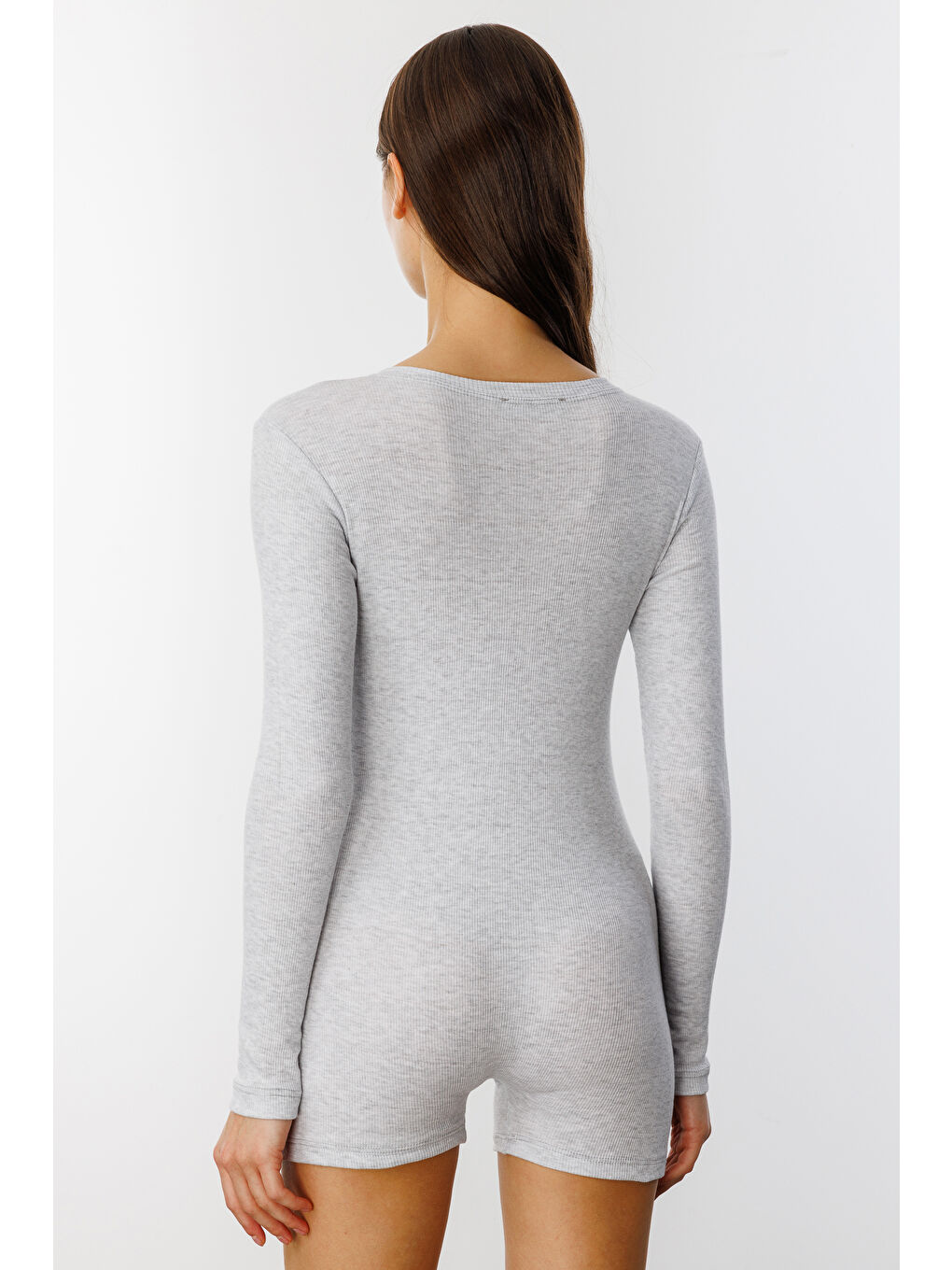 Genius Store Gri Fitilli Uzun Kollu Kısa Tulum Romper UZUNKOL-TULUM - 4