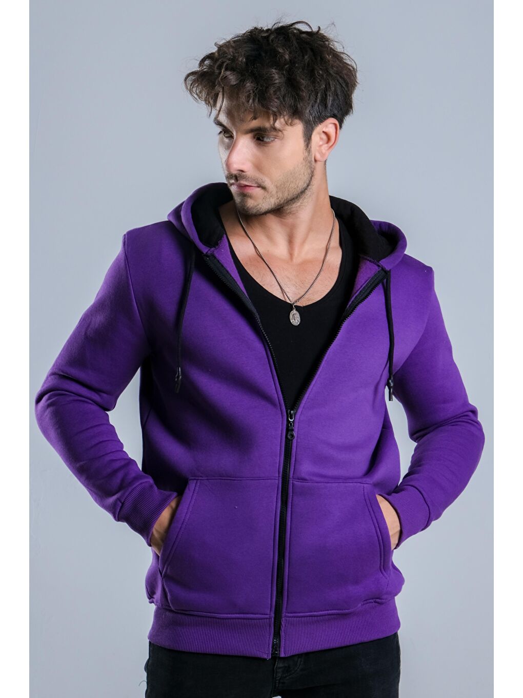 Mor Kapüşonlu Şardonlu Erkek Fermuarlı Sweatshirt Hırka 3 İp Düz  JS C-51-2