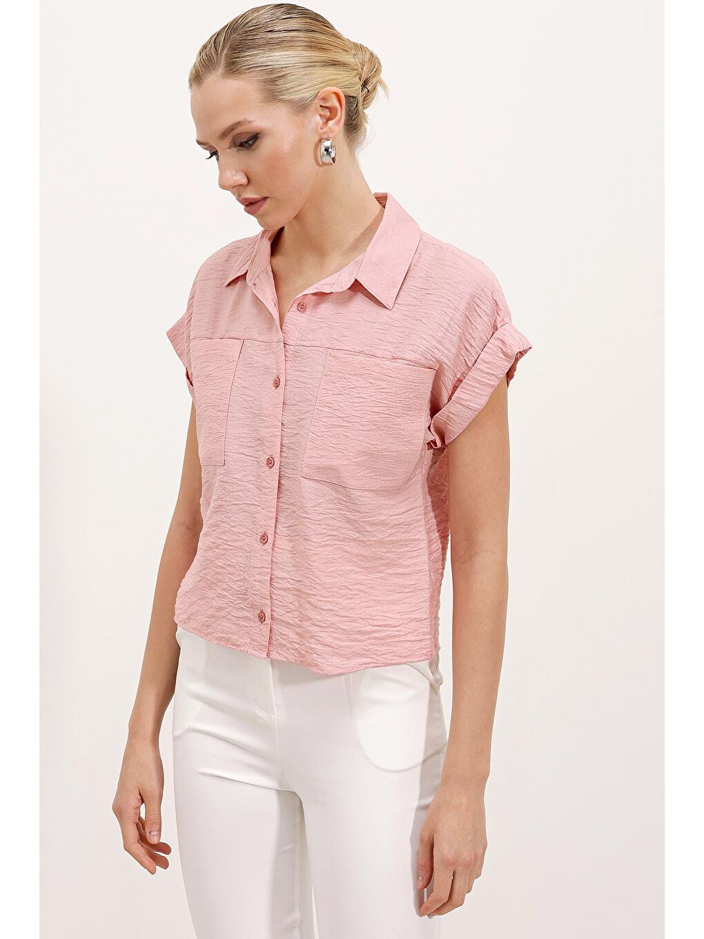 Pembe 20198 Çift Cepli Kısa Kol Gömlek - Pudra-2