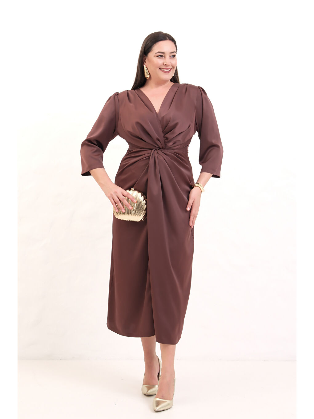 Kadın Kahverengi V Yaka Midi Abiye Elbise-1